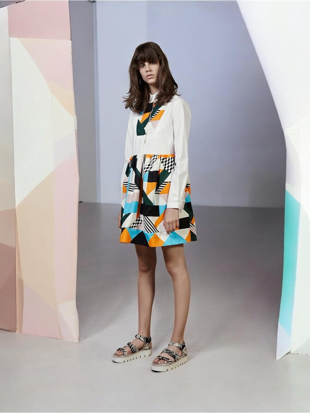 MSGM Women’s High Waist A-Line Mini Dress  Multicolor Geometric Pleated SZ 44 EU